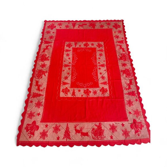 Vintage Red Lace Christmas Tablecloth Reindeer Santa Bells Sheer Xmas Tree Sheer - Picture 2 of 6